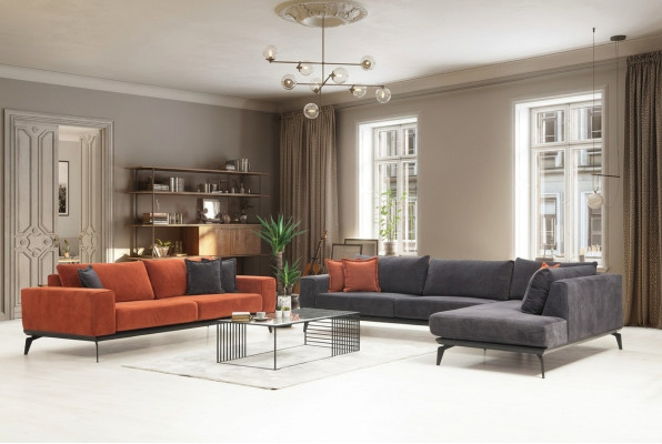 Graues Polster Ecksofa Designer Dreisitzer Stoffcouchen Wohnzimmer Set