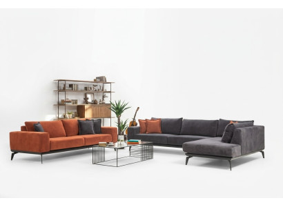 Graues Polster Ecksofa Designer Dreisitzer Stoffcouchen Wohnzimmer Set