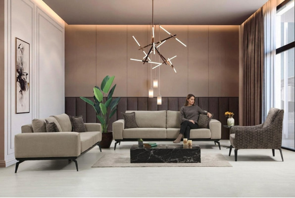 Beige Stoffsofas Komplette Garnitur Dreisitzer Polstersofas Lehnsessel