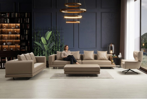 Couchgarnitur Viersitzer Dreisitzer Sessel Beige Sofa 3tlg Leder Set
