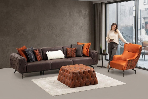 Komplette Viersitzer Sessel Couch Braun Polstersofa Stoffsofa Set 2tlg
