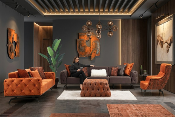 Couchgarnitur Viersitzer Dreisitzer Sessel Orange Sofa 3tlg Stoffsofa