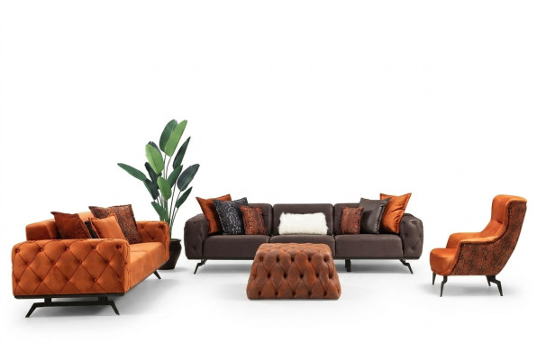 Couchgarnitur Viersitzer Dreisitzer Sessel Orange Sofa 3tlg Stoffsofa