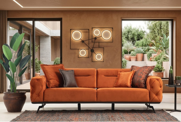 Dreisitzer Couch Orange Sofa 3 Sitzer Polster Stoffsofa Chesterfield