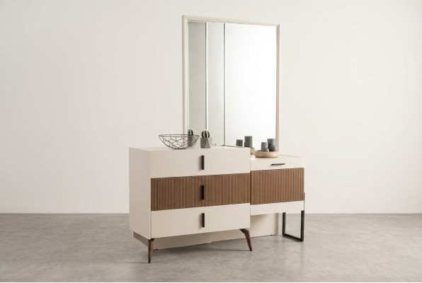 Frisiertisch Schminktisch Schminkkommode Spiegel Holz Beige Konsole