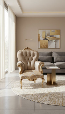 Klassischer Sessel mit beigem Dekor und Chesterfield-Design für das Wohnzimmer