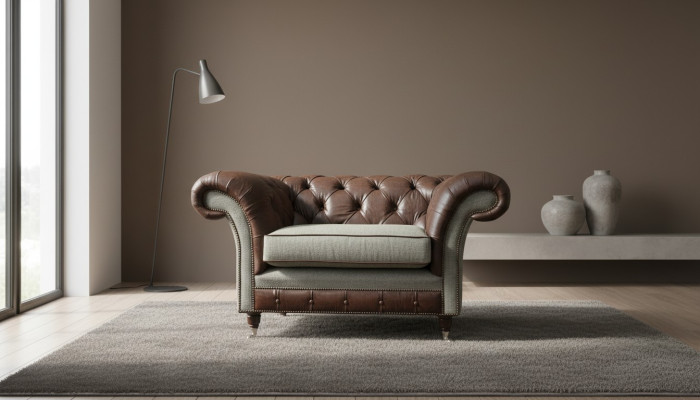 Chesterfield Ohrensessel Grau Sofagarnitur Sessel Couch Ledersofa Neu