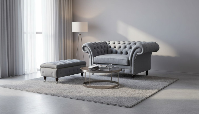 Chesterfield Ohrensessel Hocker Sessel Couch Polster Set Grau Textil