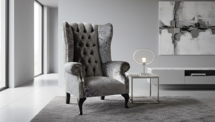 Ohrensessel Chesterfield Sessel Couch 1 Sitzer Grau Stoff Textil Neu