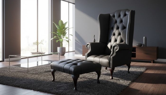 Sessel mit Hocker Designer Polstersessel Chesterfield Ohrensessel Neu