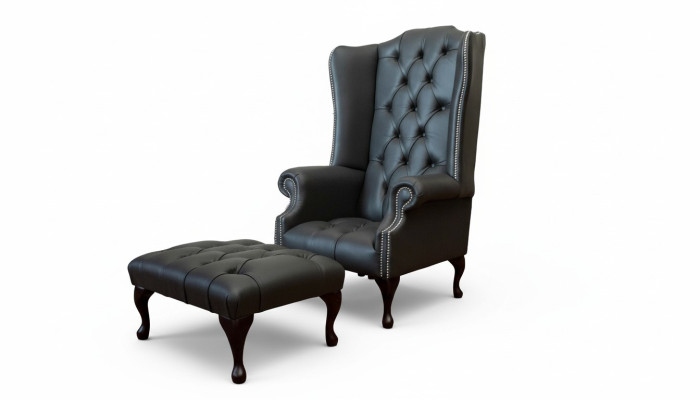 Sessel mit Hocker Designer Polstersessel Chesterfield Ohrensessel Neu