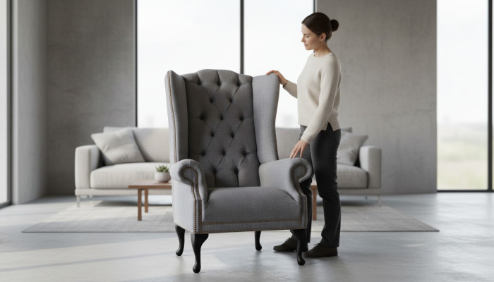 Ohrensessel Chesterfield Sofa Couch Polster 1 Sitzer Grau Sessel Textil