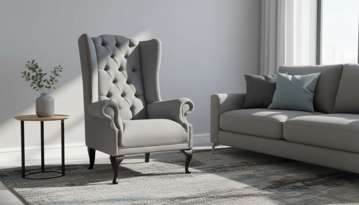 Ohrensessel Chesterfield Sofa Couch Polster 1 Sitzer Grau Sessel Textil