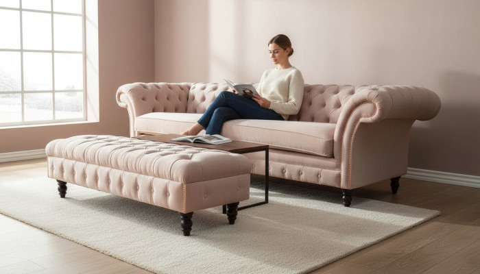 Ein luxuriöses, rosafarbenes Viersitzer-Sofa im Chesterfield-Design, inklusive Sitzkissen 