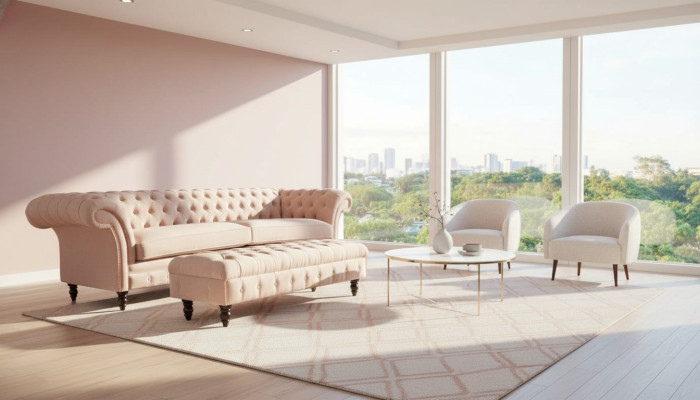 Ein luxuriöses, rosafarbenes Viersitzer-Sofa im Chesterfield-Design, inklusive Sitzkissen 