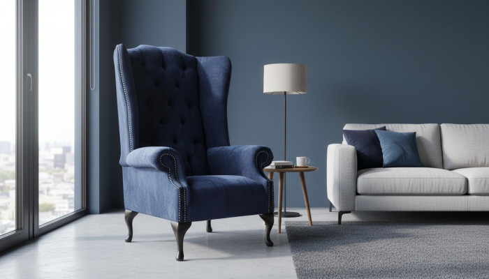 Chesterfield Design Sessel Polster Luxus Blau Textil Couchen Ohrensessel