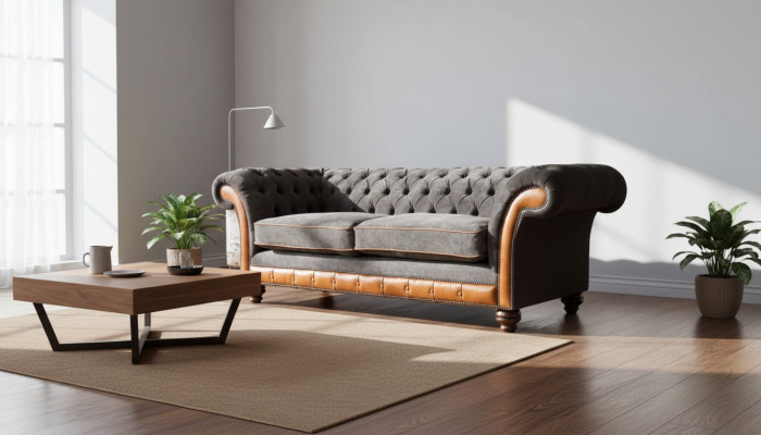Chesterfield Sofa 3 Sitzer Design Couch Polster Stoff Polster Grau 