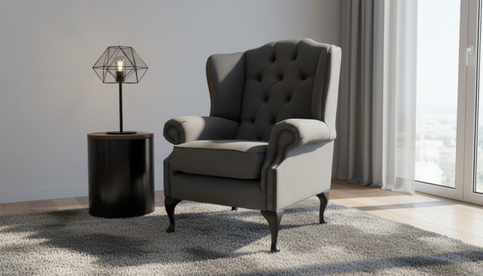 Grau Ohrensessel Sessel Design Polster Sofa Couch Chesterfield Textil Neu
