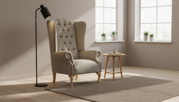 Grauer Ohrensessel Sessel Design Polster Chesterfield Textil Wohnzimmer