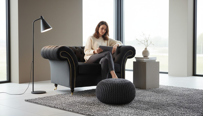 Chesterfield Sessel Lounge Schwarz Sofa Couch Polster Modern Textil Neu