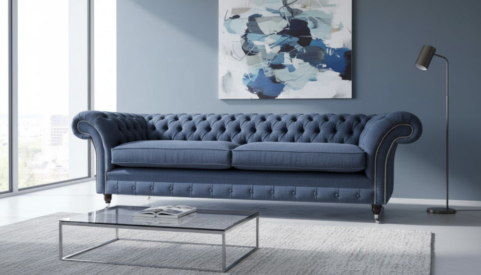Design Sofa 4 Sitzer Couch Textil Polster Blau Sofas Chesterfield Neu