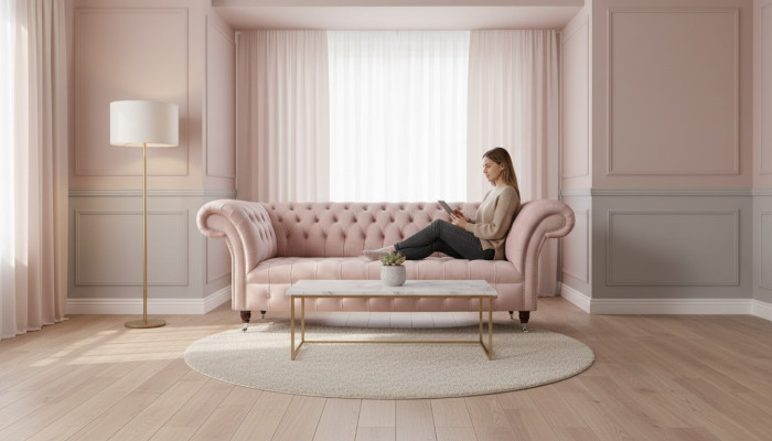 Chesterfield 3 Sitzer Rosa Design Couchen Polster Sofas Stoff Textil