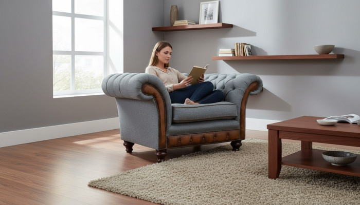 Sessel Design Relax Textil Lounge Luxus Grau Polster Sitzer Chesterfield