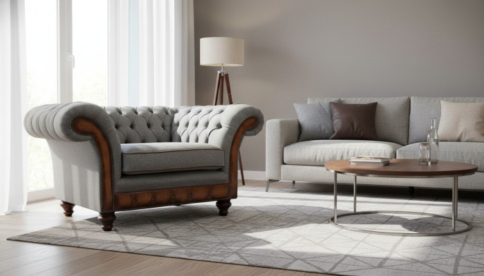 Sessel Design Relax Textil Lounge Luxus Grau Polster Sitzer Chesterfield