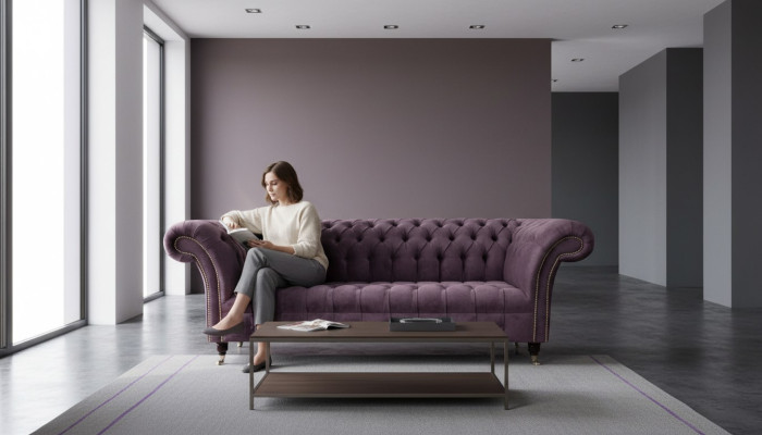 Modern Chesterfield Sofa Couch Polster 3 Sitzer Lila Textil Stoff Sofas Neu