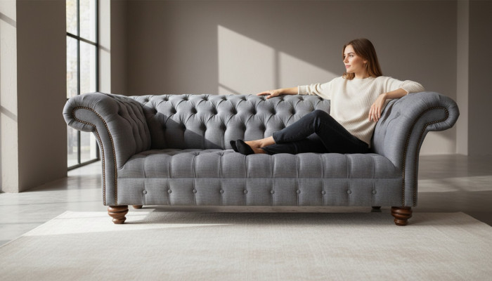 Chesterfield 3 Sitzer Couch Polster Sitz Textil Stoff Couchen Sofa Neu