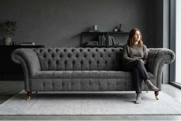 Chesterfield 3 Sitzer Couch Polster Sitz Textil Stoff Grau Couchen Sofa