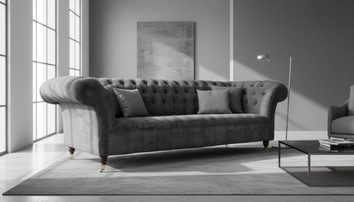 Chesterfield 3 Sitzer Couch Polster Sitz Textil Stoff Grau Couchen Sofa