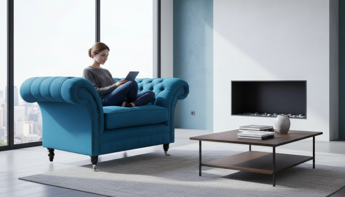 Blauer Chesterfield Sessel Polster Sofa Couchen 1,5 Sitzer Einsitzer Textil