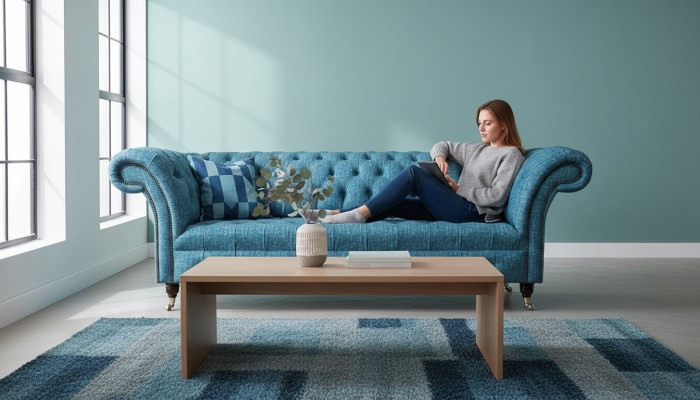 Blauer Dreisitzer Samt Couch Wohnzimmer Couchen Sofa Sitzmöbel Sofa Chesterfield