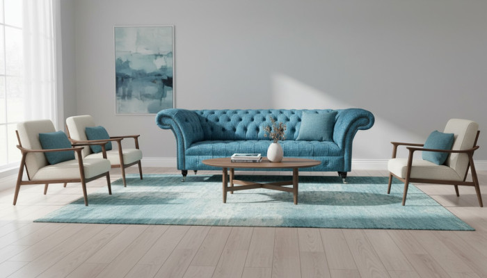 Blauer Dreisitzer Samt Couch Wohnzimmer Couchen Sofa Sitzmöbel Sofa Chesterfield