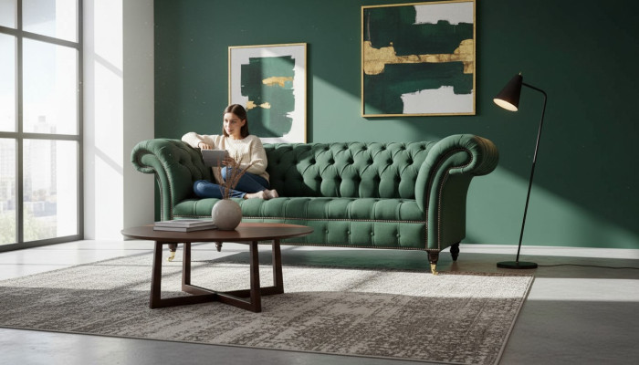 Dreisitzer Couch Textil Grün Polster Möbel Chesterfield Sofas Couchen