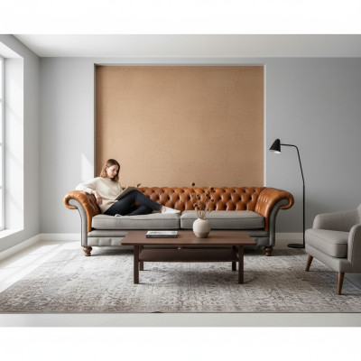 Klassische 4-Sitzer Chesterfield Couch in Braun - Hochwertiges Textil und Edles Lederdesign