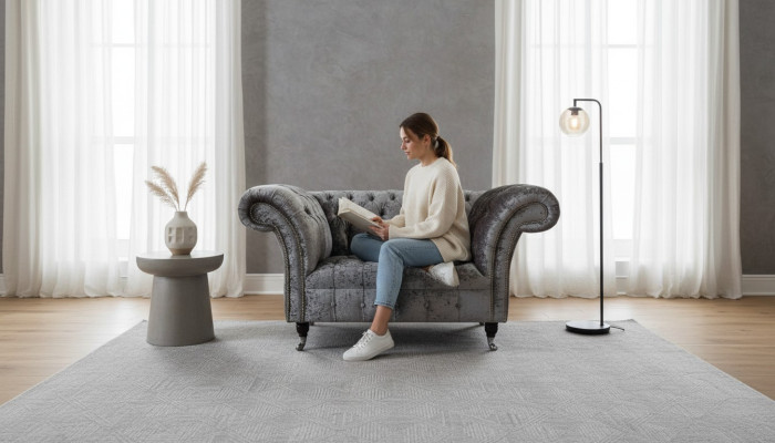 Chesterfield Sessel Design Polster Sofa Couch Chesterfield Textil Silber