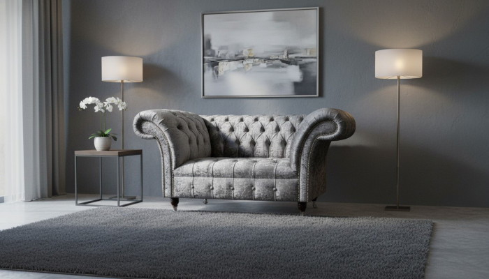 Chesterfield Sessel Design Polster Sofa Couch Chesterfield Textil Silber