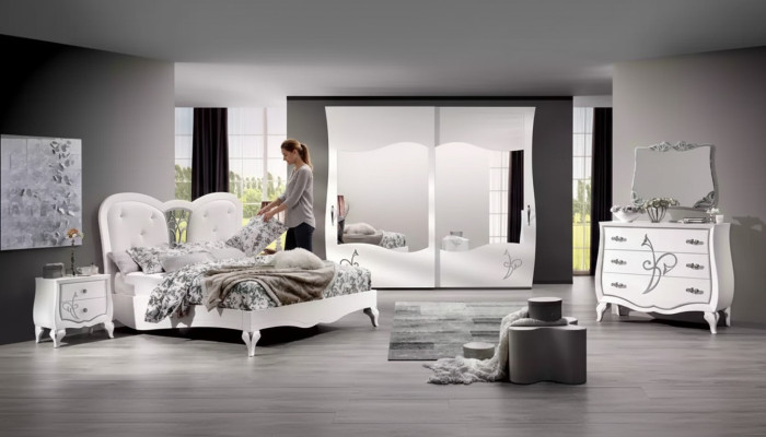 Schlafzimmer 5 tlg. Set Bett 2x Nachttische Kleiderschrank Modern Möbel