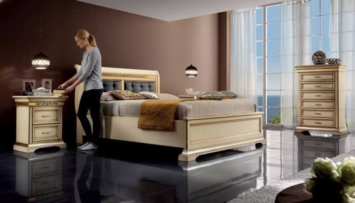 Komplettes Schlafzimmer Design Modern Luxus Bett 2x Nachttische Kommode