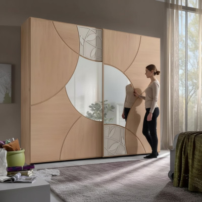 Kleiderschrank Mit Schwebetüren Schlafzimmer Holz Schrank Braun Spiegel
