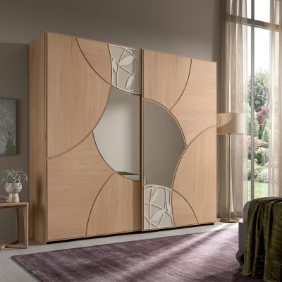 Kleiderschrank Mit Schwebetüren Schlafzimmer Holz Schrank Braun Spiegel