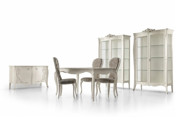 Luxus Esszimmer Set Garnitur 7tlg Weiß Holz Möbel Vitrine 4x Stühle Tisch