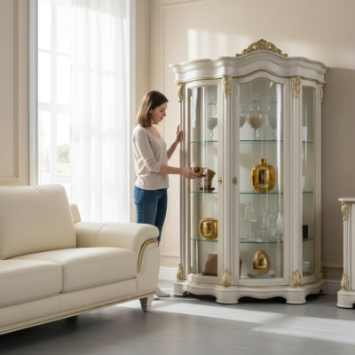 Vitrine Holz Schrank Klassische Weiß Schränke Design Wohnzimmer Glas