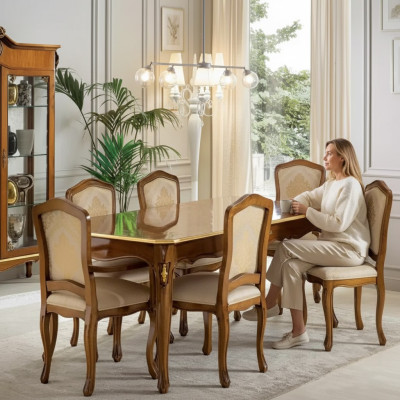 Esstisch Garnitur Tisch + 6x Stühle Esszimmer Garnitur Tisch Holz Textil