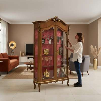 Vitrine Holz Möbel Glas Schrank Braun Vitrinen Wohnzimmer Anrichte Neu