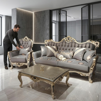 Elegantes Sofa mit Sessel Sofagarnitur Grau Relax 2tlg Wohnzimmer Möbel