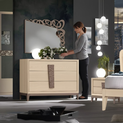 Schlafzimmer Set Luxus Kommode Spiegel Design Möbel beige 3tlg Holz
