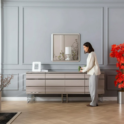 Wohnzimmer beige Sideboard Spiegel Design Möbel Konsole Holz Designer